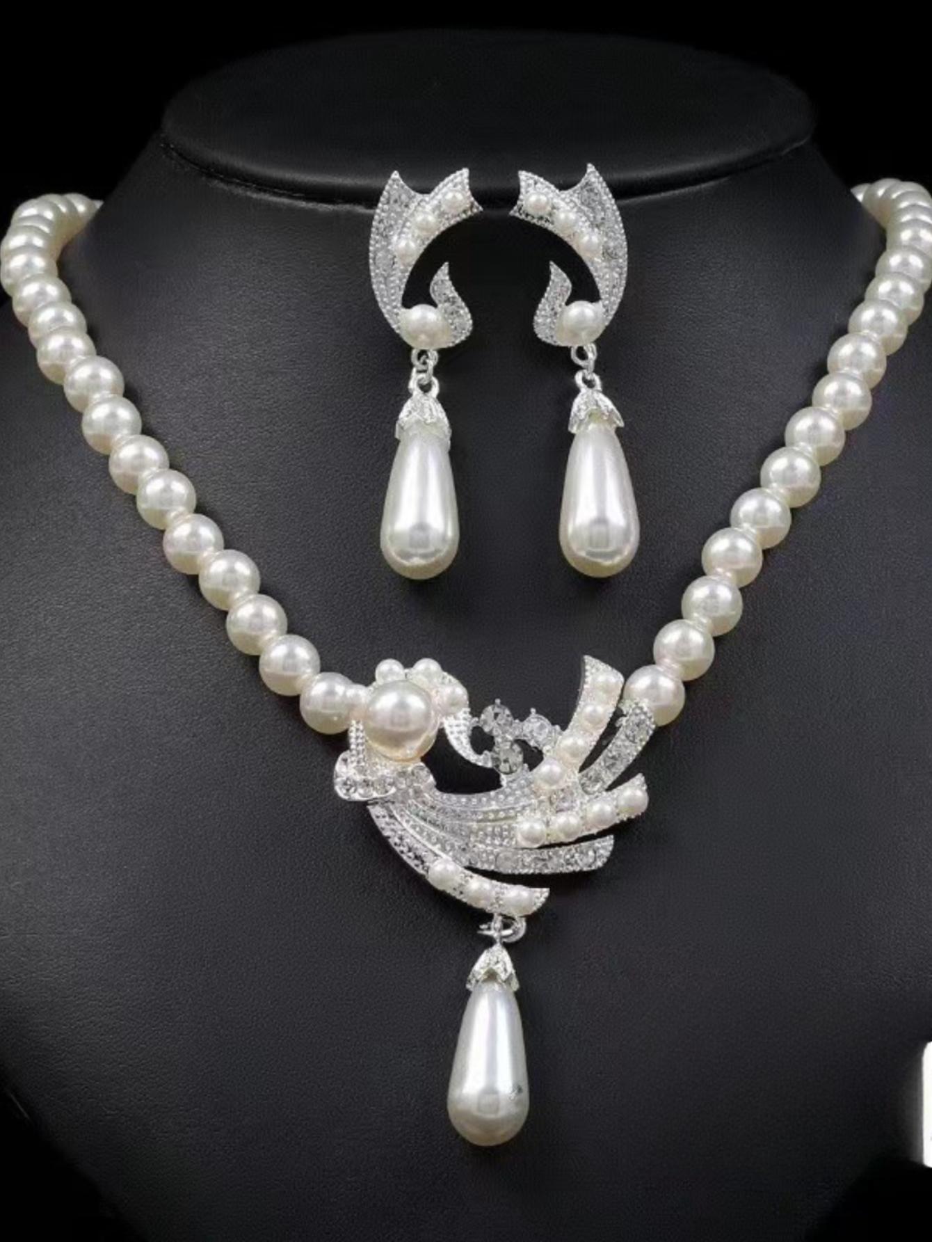 

Женский свадебный комплект из 3 предметов: жемчужное ожерелье со стразами, серьги, аксессуары для свадебной вечеринки и банкета Silver&45cm