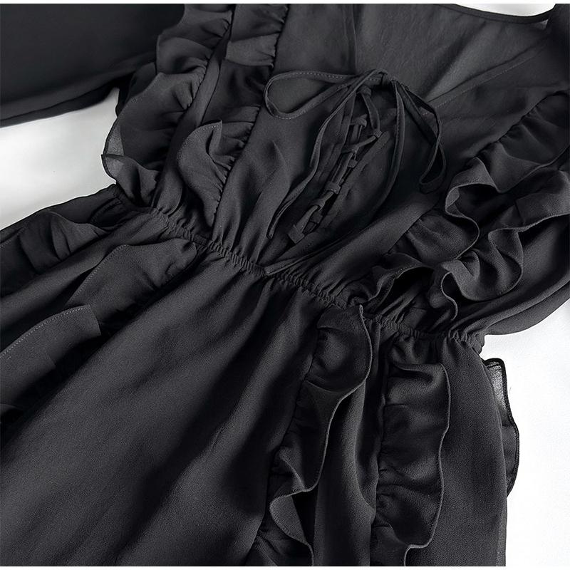 Elegant Ruffles Mini Dress Women V Neck Hollow Out Lace Up Long Sleeves Lace Dresses  Solid Color High Waist Dress