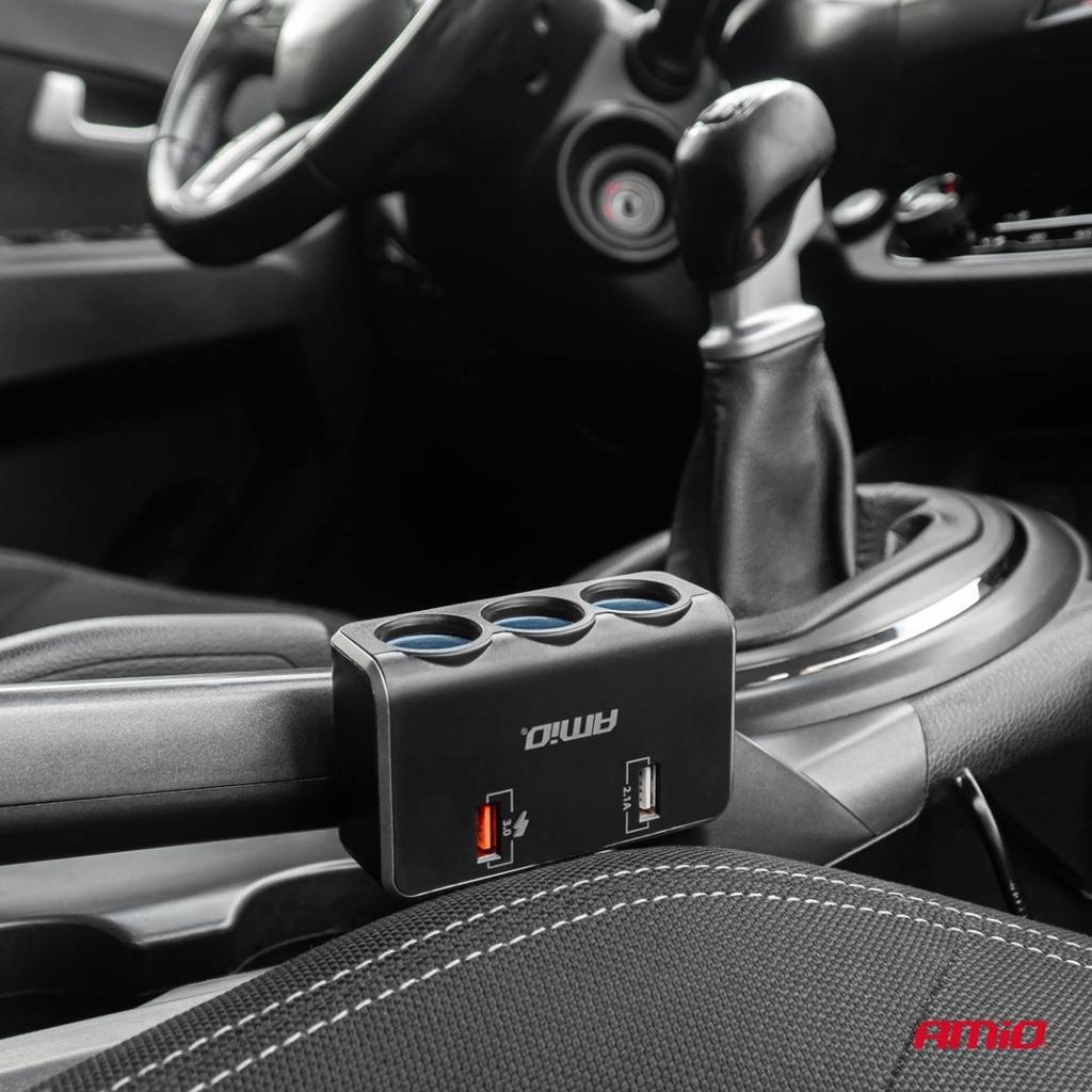Cigarette lighter socket splitter with charger 2x USB-A QC3.0 12V 24V 120W 80cm AMIO-04364