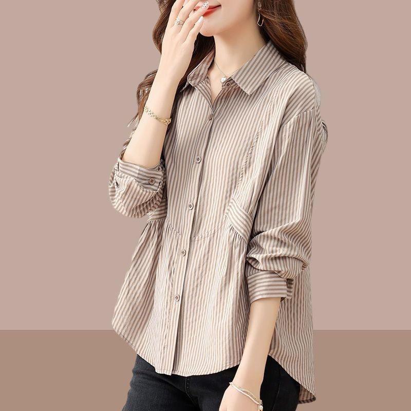 women striped button down shirt collared long sleeve casual loose fit blouse