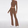 Damen Freizeit Zweiteiler Set Langarm Rundhals Crop Top Hohe Taille Schlaghosen Gestrickt Einfarbig Loungewear Passendes Outfit Set