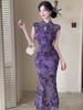Mesh Splicing Printing Temperament Is Beautiful, Improved Cheongsam Dress, Women's Chinese Style Slim-fitting Long Hip-wrapped Fishtail Skirt