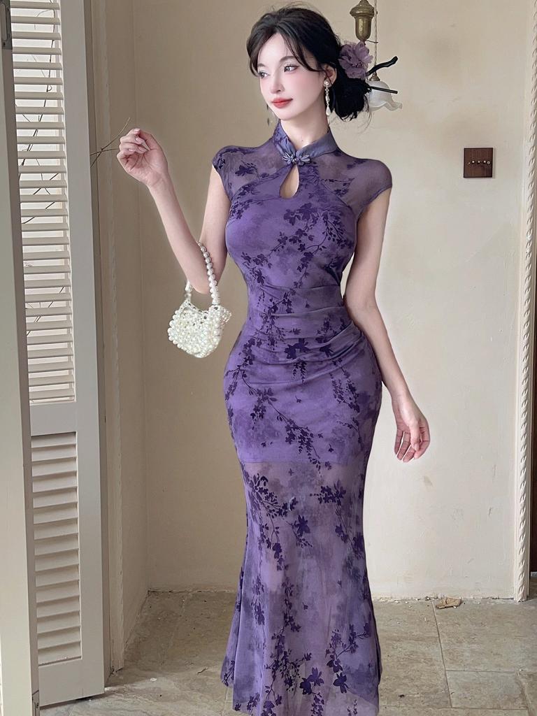 Mesh Splicing Printing Temperament Is Beautiful, Improved Cheongsam Dress, Women's Chinese Style Slim-fitting Long Hip-wrapped Fishtail Skirt