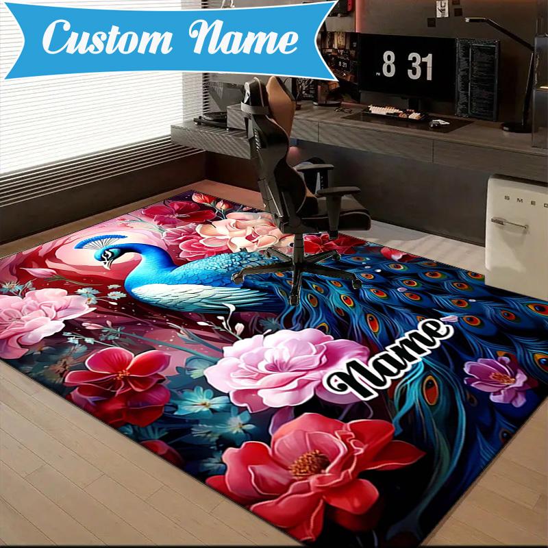 Custom Name Peacock Flowers Romance Rug Game Carpet, Floor Mat for Bedroom Living Room Entryway Rug, Home Decor Idea Gift for Christmas Birthday