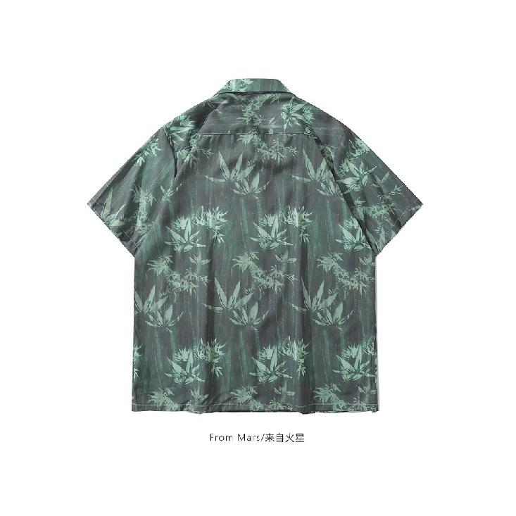 Bcbgh National Style Vintage Ink Painting Flower Short Sleeve Shirt Men's Loose Cuban Collar Hawaiian Shirt
