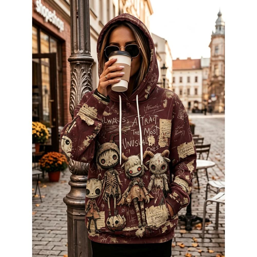 Women Fleece Hoodie Halloween Gothic Voodoo Doll Ghost Pumpkin Print Letter Graphic Drawstring Kangaroo Pocket Sweatshirt