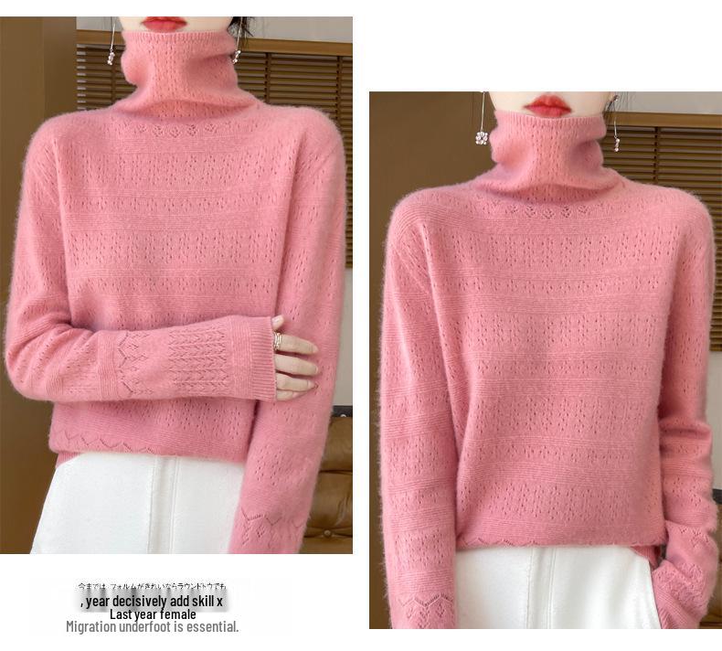 Women's Pure Wool Mock Neck Sweater - Seamless Hollow Knitwear for Autumn/Winter