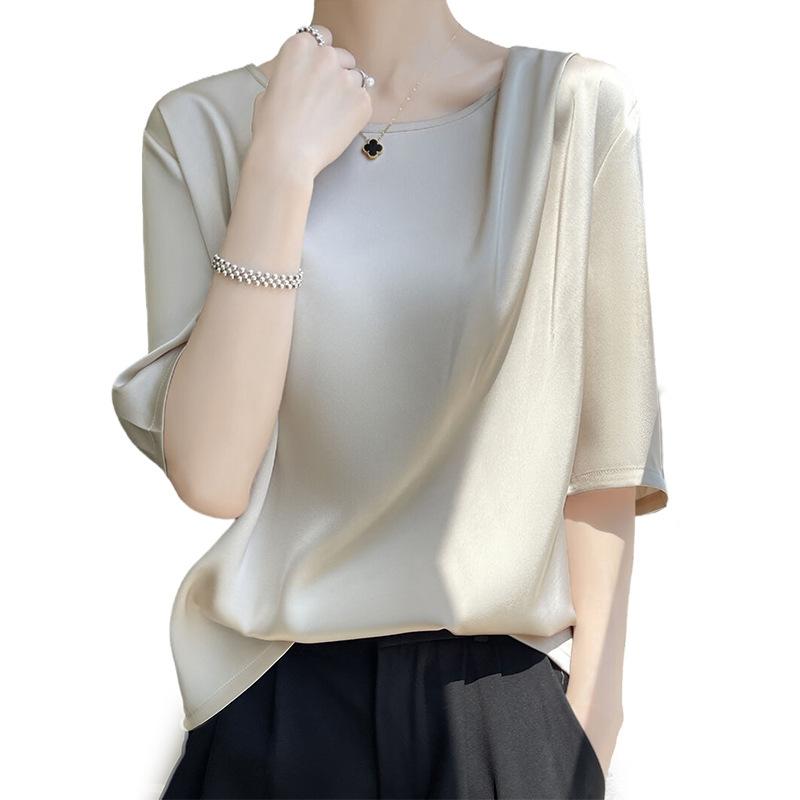 Women's Summer New Ice Silk Short Sleeved T-shirt with Five Quarter Sleeves for Wearing Outside, Loose Silk Top with Temperament