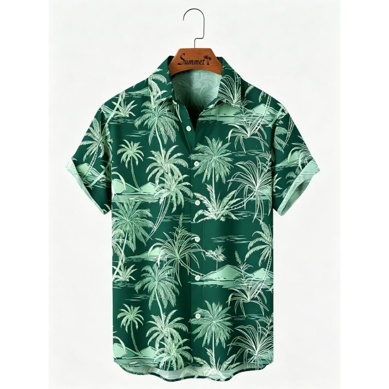 Men's Hawaiian Style Island Coconut Tree Short Sleeved Shirt with Full Print Collar Buttons, Beach Vacation Shirt