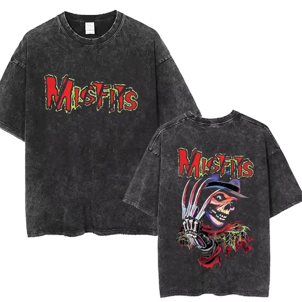 2026 Washed Vintage Hardcore Punk Band Misfits Tshirt Horror Skeleton Graphic T-shirt Men Women's Fashion Casual Oversized T Shirts