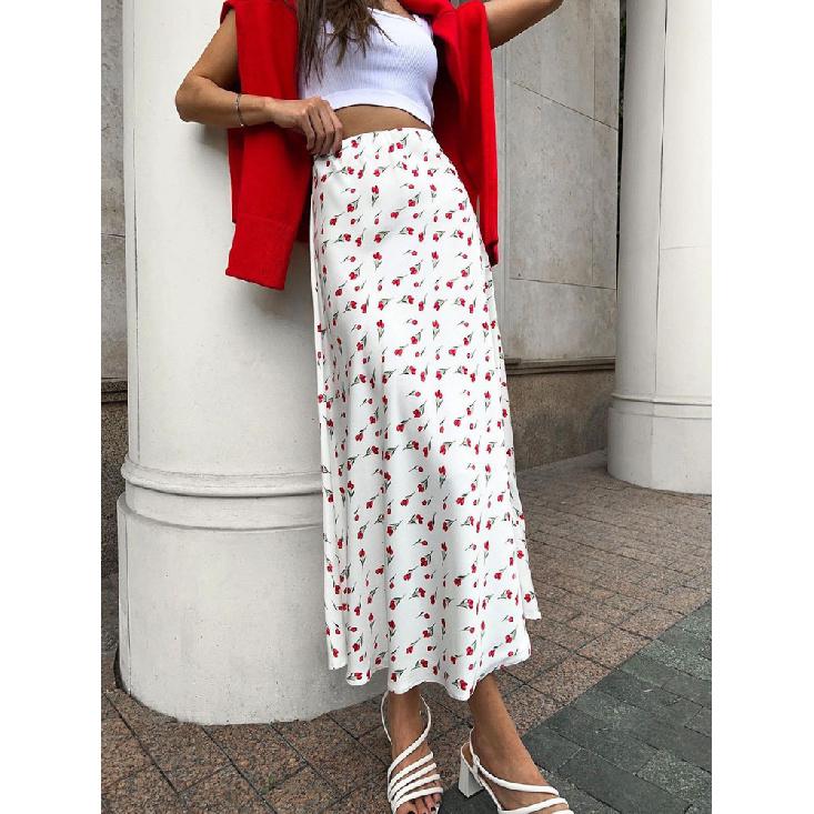 Women'S Elegant A-Line Flower Print White Long Skirt High Waist Summer Skirt Femme Faldas Jupe Saia Spring Maxi Skirt