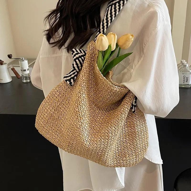 Slack Straw Bag Women's Large-capacity New Summer Leisure Shoulder Bucket Bag Woven Seaside Beach Bag