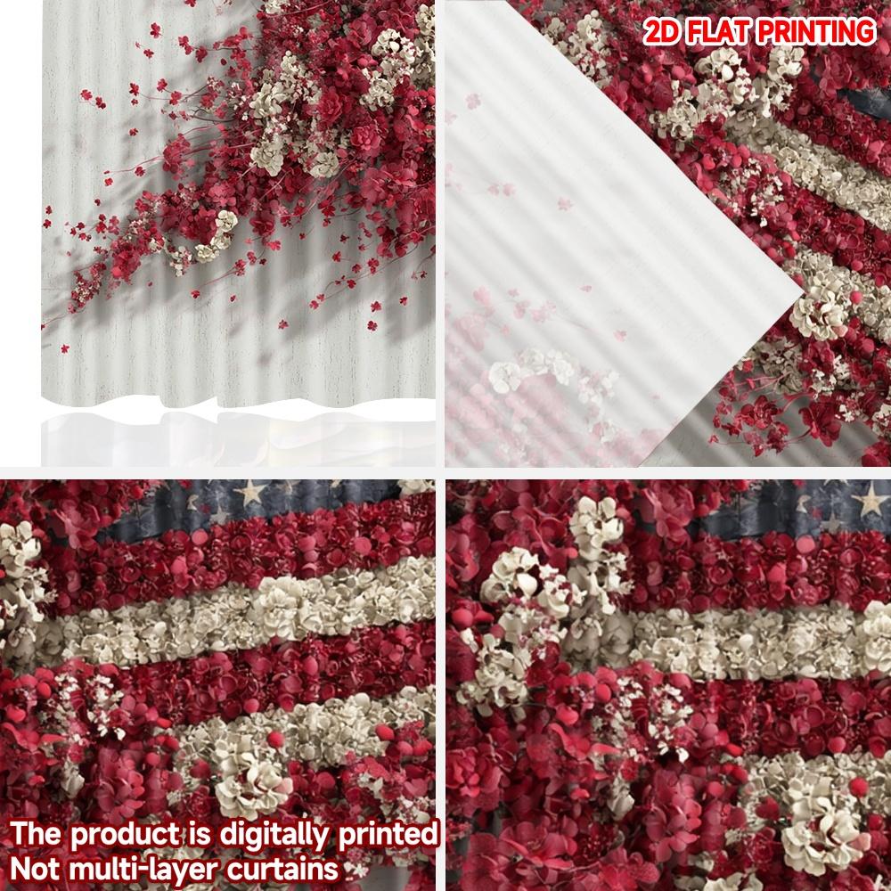 Amerikanische Flagge Blumenvorhänge Digitaldruck Rote Weiße Blumen Sternenmuster Patriotische Wohnzimmer Schlafzimmer Dekor Vorhangset aus 2 Stück Gefertigt Polyester
