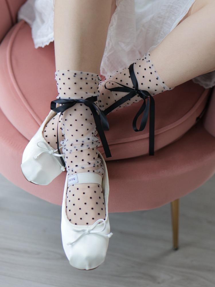Women Summer Ultra Thin Sexy Black Ribbon Bowknot Polka Dots Enchanting Stacked Socks Sweet Sheer Tulle Jk Cute Mid Tube Socks