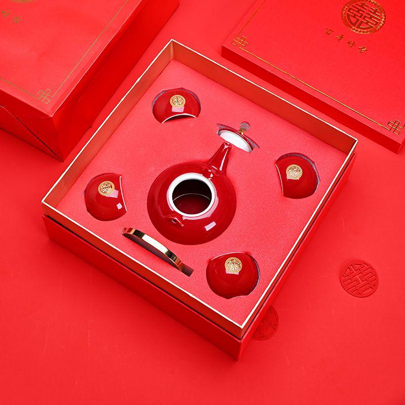 Red Chinese Wedding Tea Set: Complete Gift with Bride's Dowry Tray & Teapot