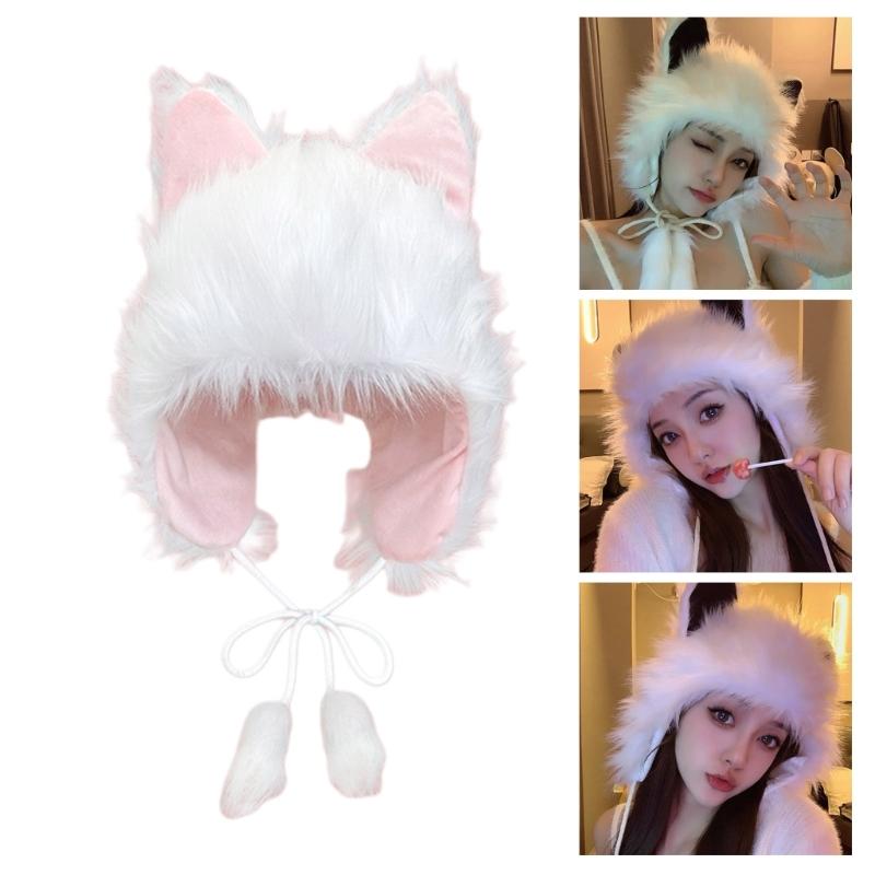Cartoon Foxes Ear Hat Winter Furry Plush Hats for Women Plush Keep Warm Hats Cold Weather Christmas Gift for Girls