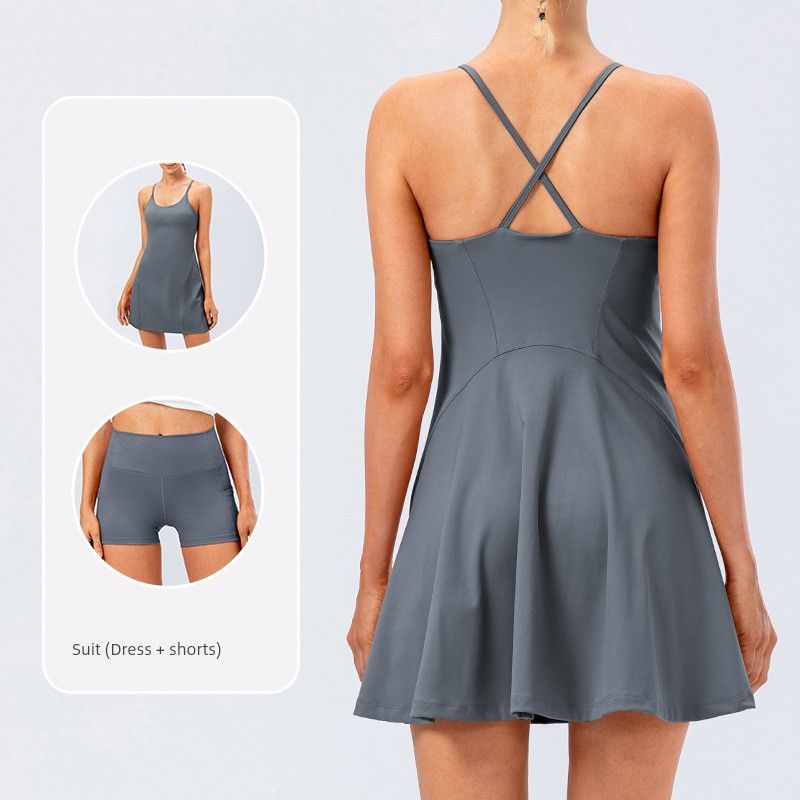 With Chest Pad Nude Feel Sling Yoga Tennis Skirt Stretch Quick-Drying Golf Exercise Skirt Pocket Fitness Two-piece Set Pack