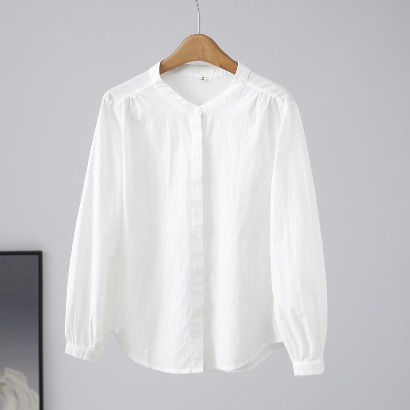 

Весна Осень Круглый вырез Однотонный женский кардиган из стираного хлопка с длинным рукавом Рубашка Блузки и рубашки M белый