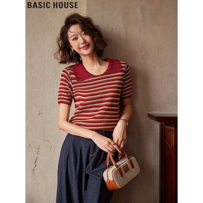 Women s Striped Color-Block Ice Silk Knit Shirt L