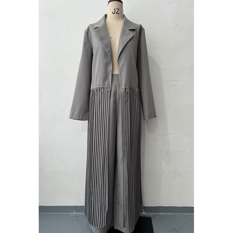 

European and American Designer Style Simple Temperament Folding Mid-Length Trench coat Pants Two-piece Set Women clothes Grey Suit XXXL