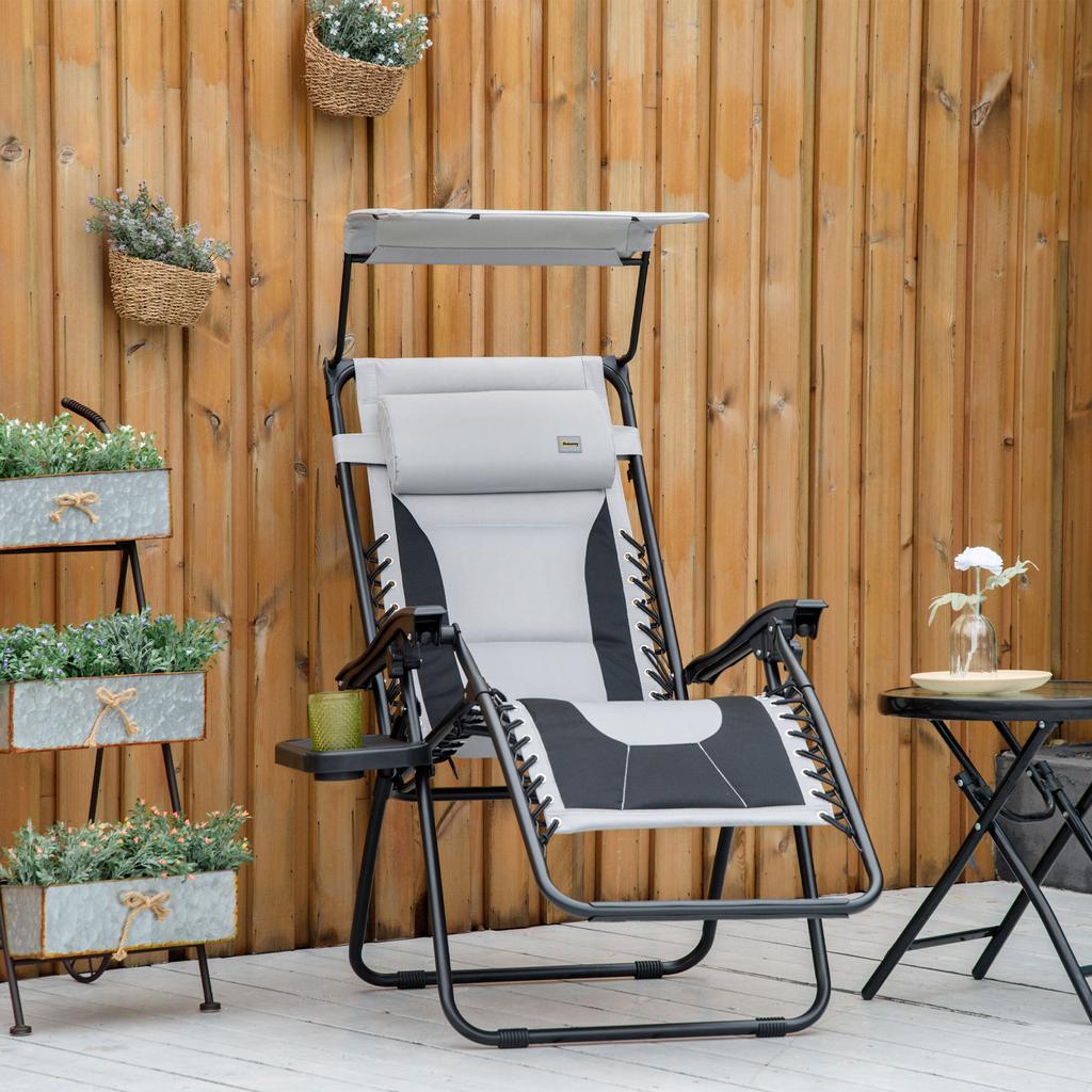 Zero Gravity Lounger Chair, Folding Reclining Patio Chair with Shade Cover, Padded Seat, Cup Holder, Soft Cushion and Headrest for Poolside, Camping
