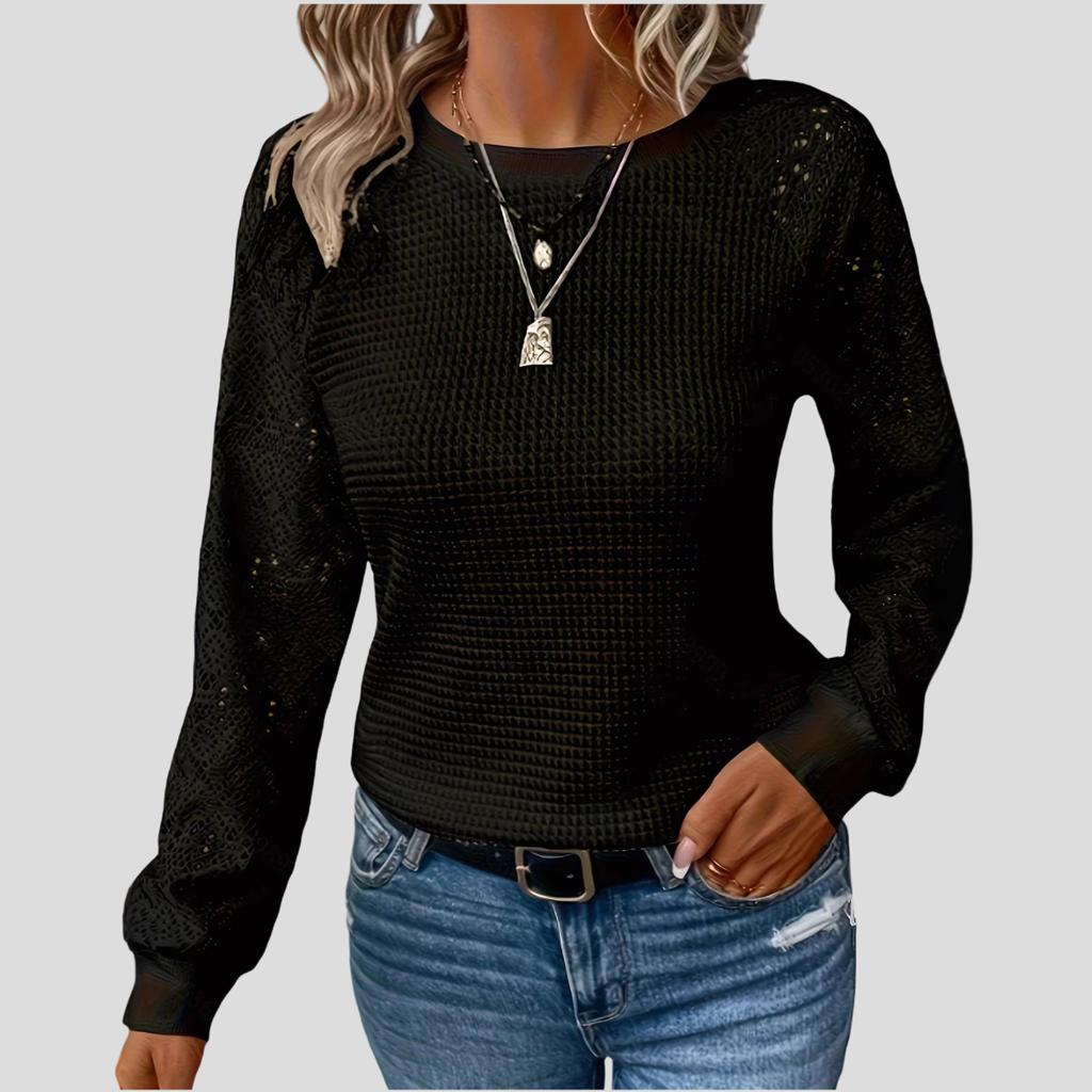 Damen Rundhals T-Shirt Spitze Langarm Ausgeschnitten Freizeit T-Shirt Top