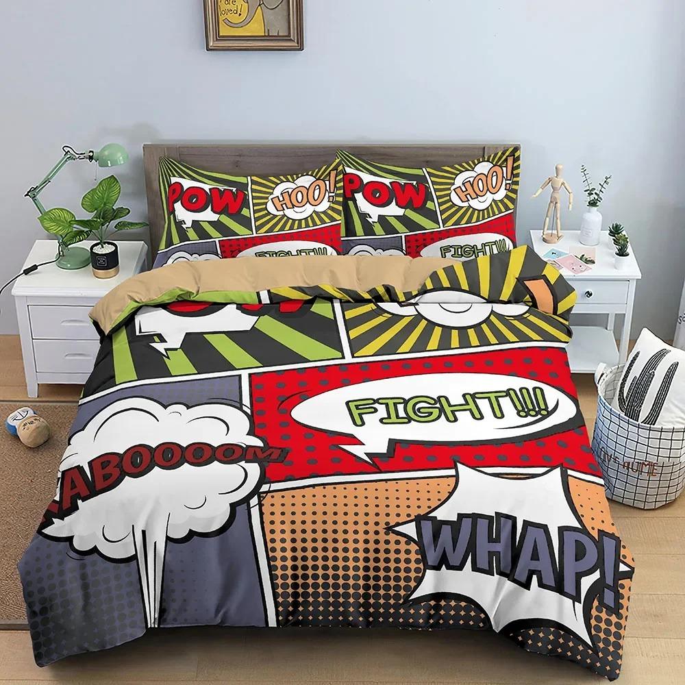 Comic Pattern Duvet Cover Queen King Cartoon Bedding Set for Boys Girls Hippie Hip Hop Rock Style Polyester Comforter Cover