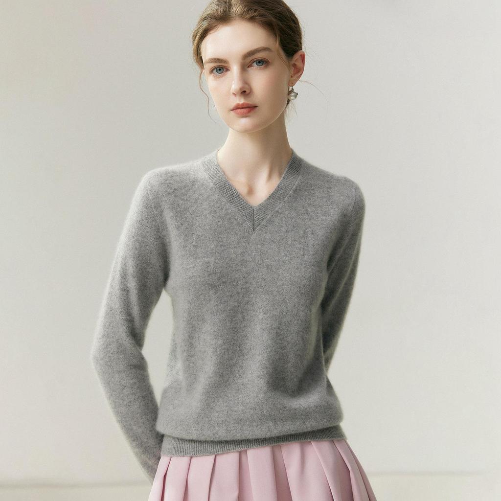 Women's 100% Cashmere V-Neck Knit Sweater - Warm, Loose, Long Sleeve Pullover for Autumn/Winter