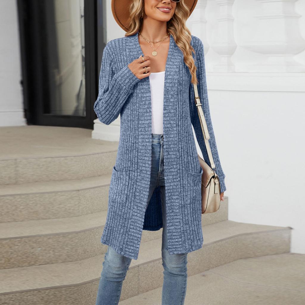 Women's  Fashion Casual Long Solid Color Long Sleeve Loose Pocket Cardigan Jacket