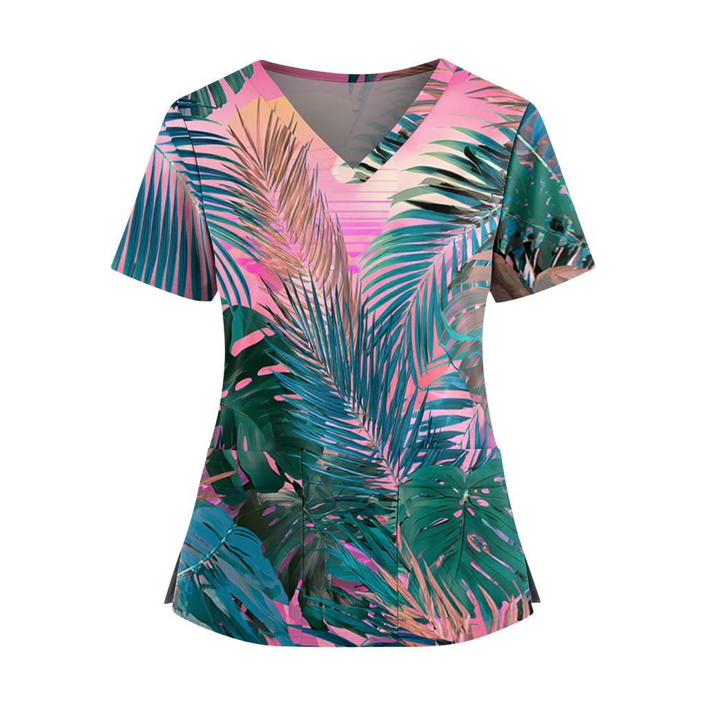 Women's Hawaiian Print V-Neck Double Pocket Short Sleeve Uniform/ Top