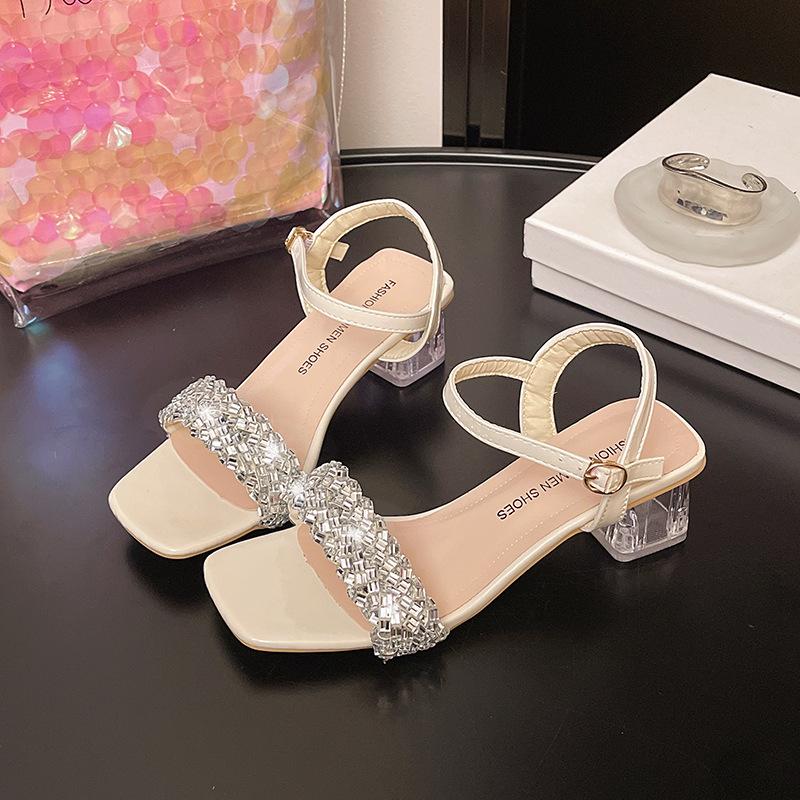 Summer New Rhinestone Word Sandals Women's Retro Ethnic Style Square Head Roman Sandals Wear Casual Fashion Sandals