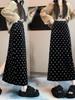 Women's Black Gold Velvet Polka Dot High-Waist Midi Skirt - Winter Fashion, Slit, A-Line, Hip Wrap Design