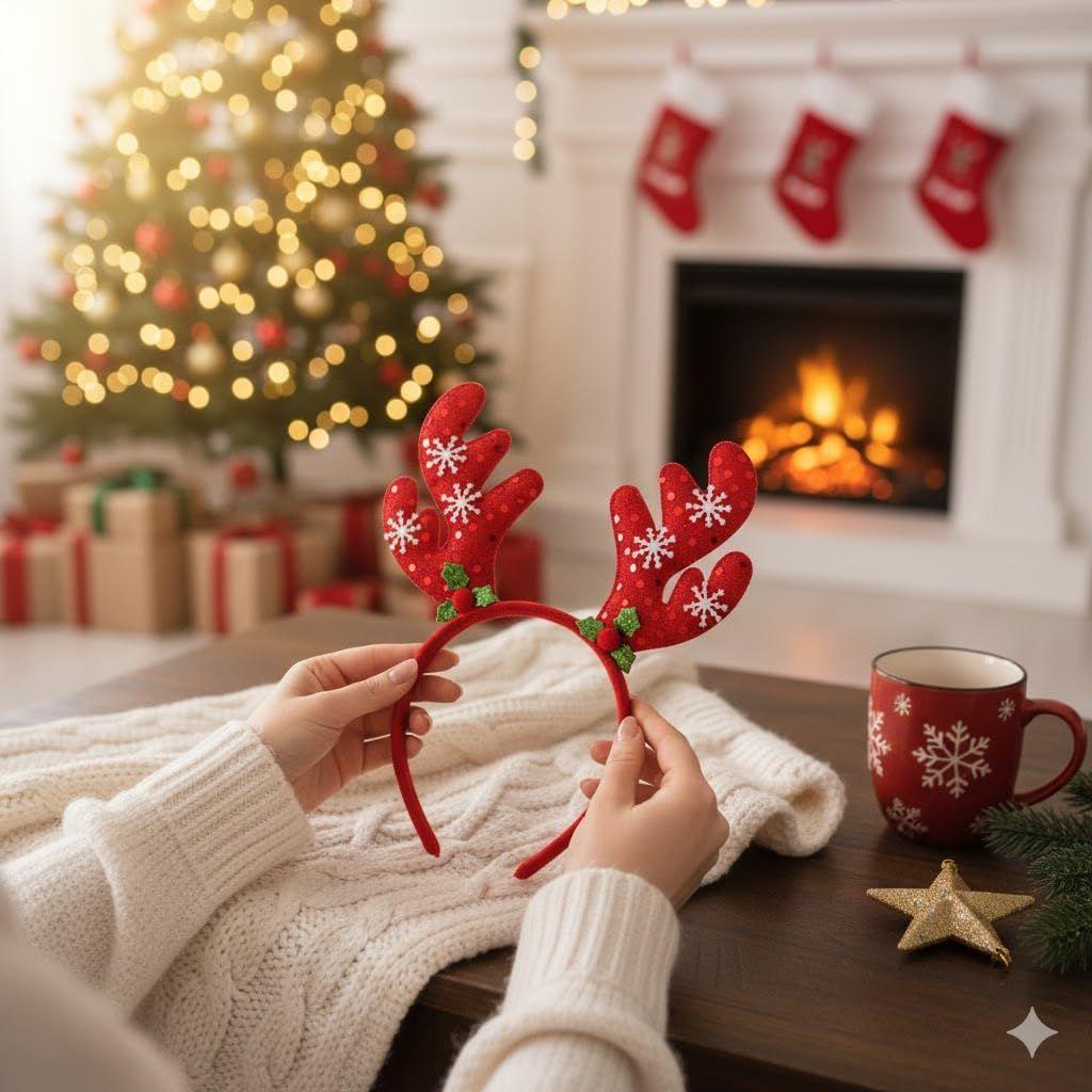 Red Christmas Headband Glitter Reindeer Antlers Design Hair Band | Deer Horn Hairband for Party Birthday | Xmas Gift for Children Girls