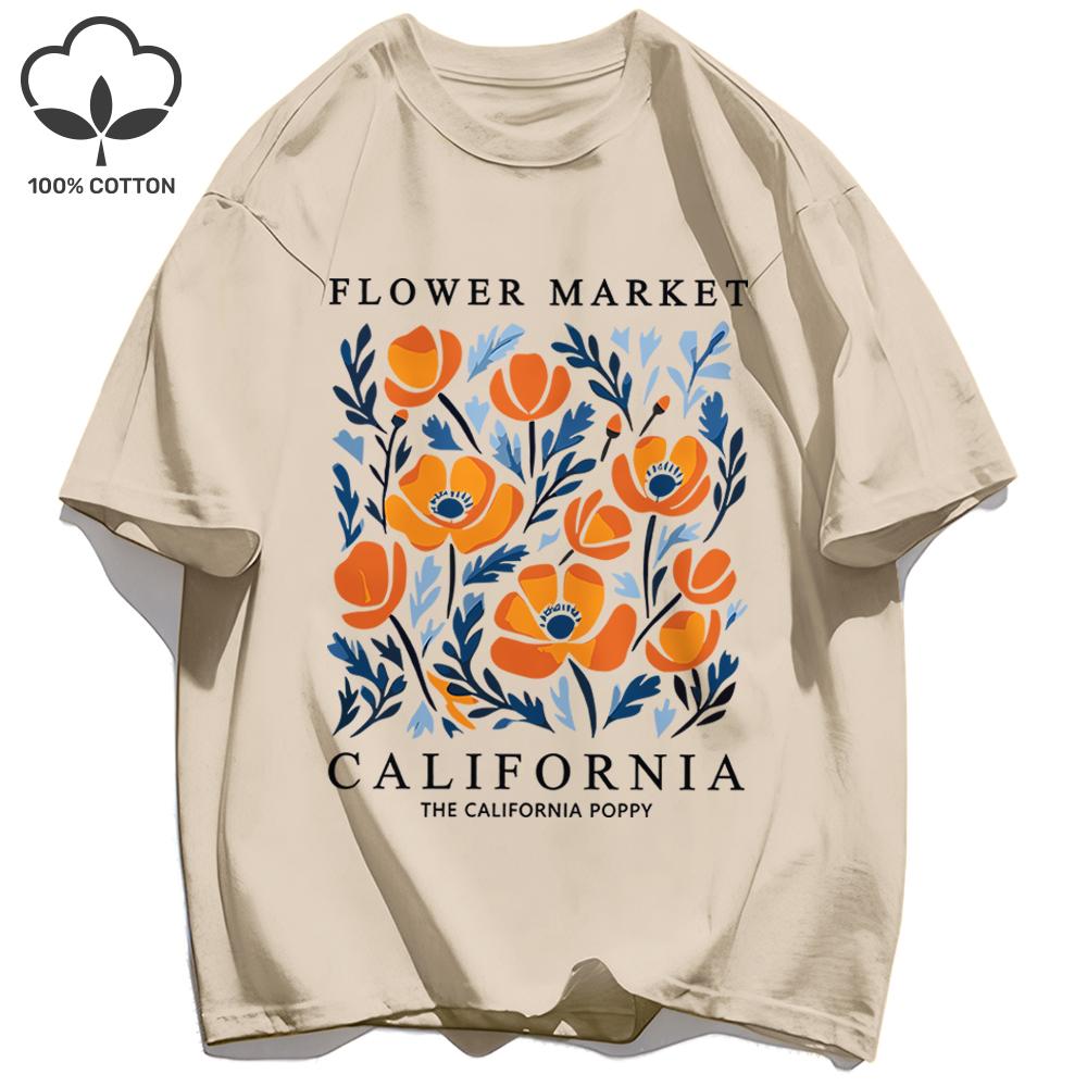 Yellow Flowers Market California Print T-Shirt Woman Soft Cotton Tee Top O-Neck Casual T Shirt Crewneck Sports Short Sleeve