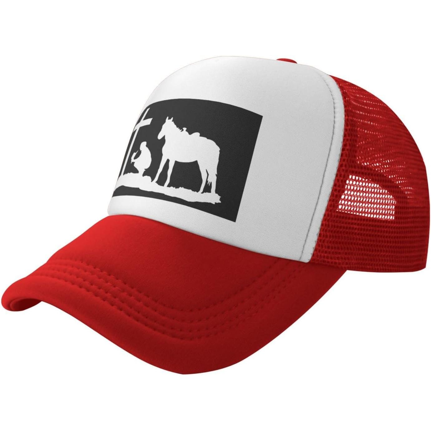 Praying Cowboy Chicken Cross Graphic Trucker Hat Christian Mesh Snapback Cap Unisex Casual XS（old）