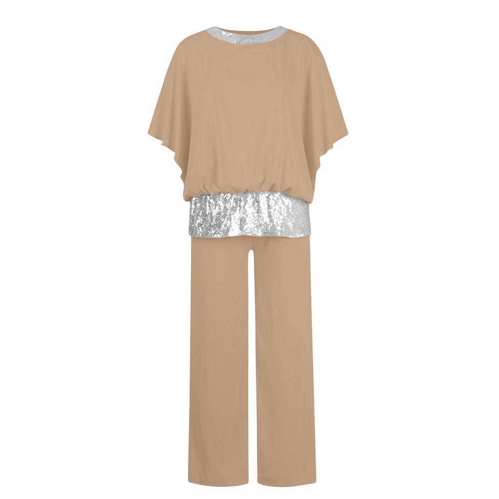 Women’s Two Piece Chiffon Pant Suit with Sequin Trim for Special Occasions Evening Formal Outfits Mother of the Bride