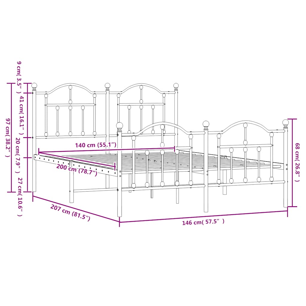 Metal Bed Frame with Headboard and Footboard Black 140 X 200 Cm