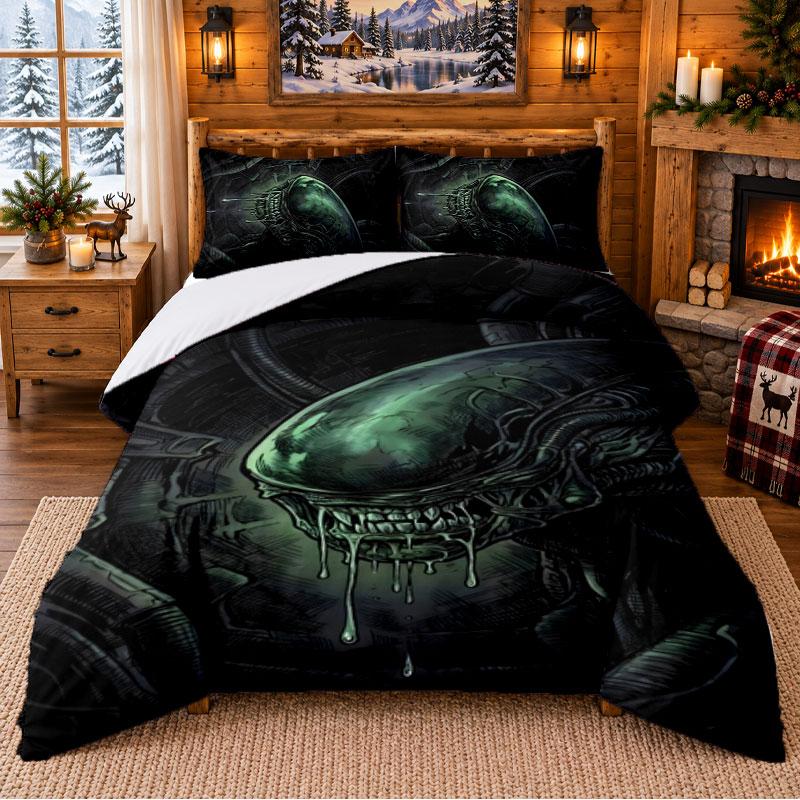 Alien Xenomorph Pattern Bedding 3Pcs Set Bed Sheet And Pillowcases For Indoor Bedroom