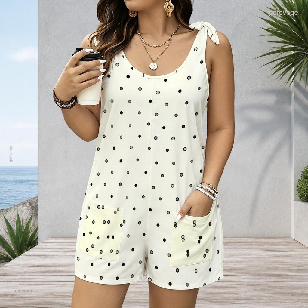 Women Plus Size Floral Printed Romper Scoop Neck Sleeveless Tie Strap Loose Fit Patch Pockets Navy Blue