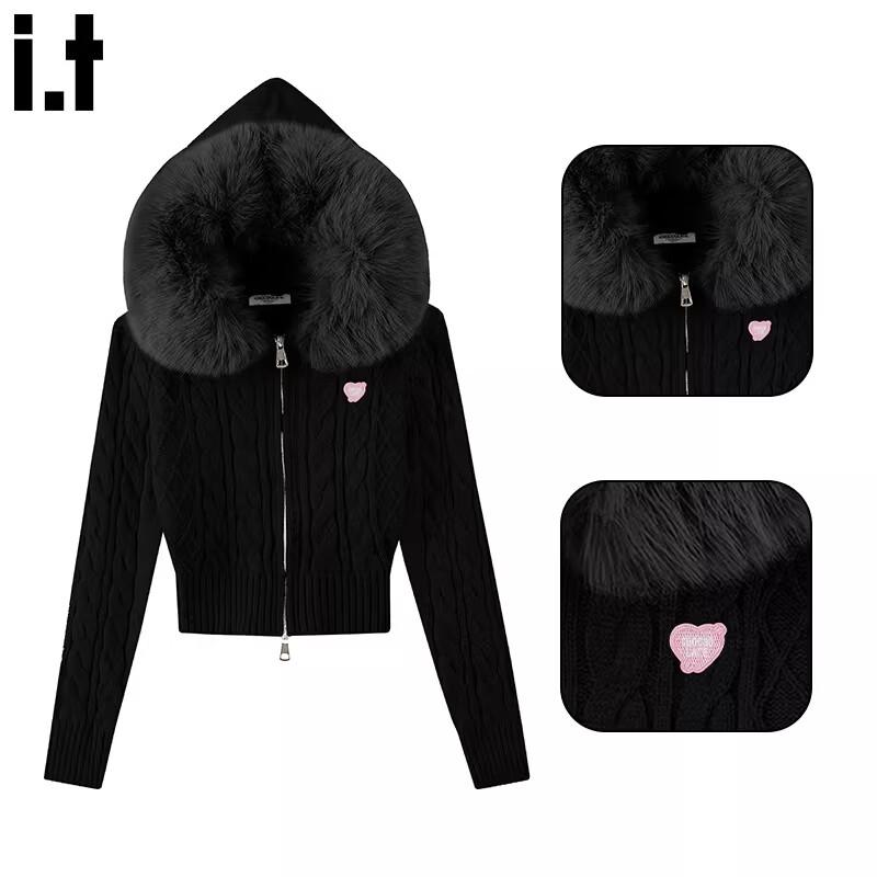 :CHOCOOLATEit Women s Hooded Faux Fur Collar Knit Cardigan One Size