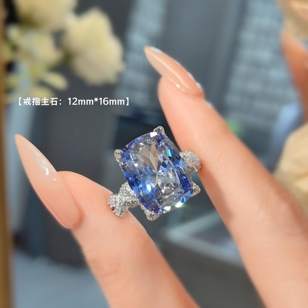 Simulation Paraiba Square Ring Women'S Premium Full Diamond Ice Flower Cut Fat Rectangular Tanzanite Blue Diamond Ring
