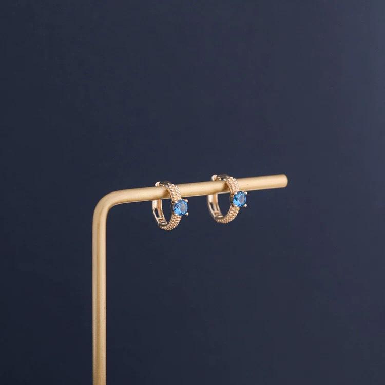 14K Gold Plated S925 Sterling Silver Blue Zircon Four-Prong Earrings for Women