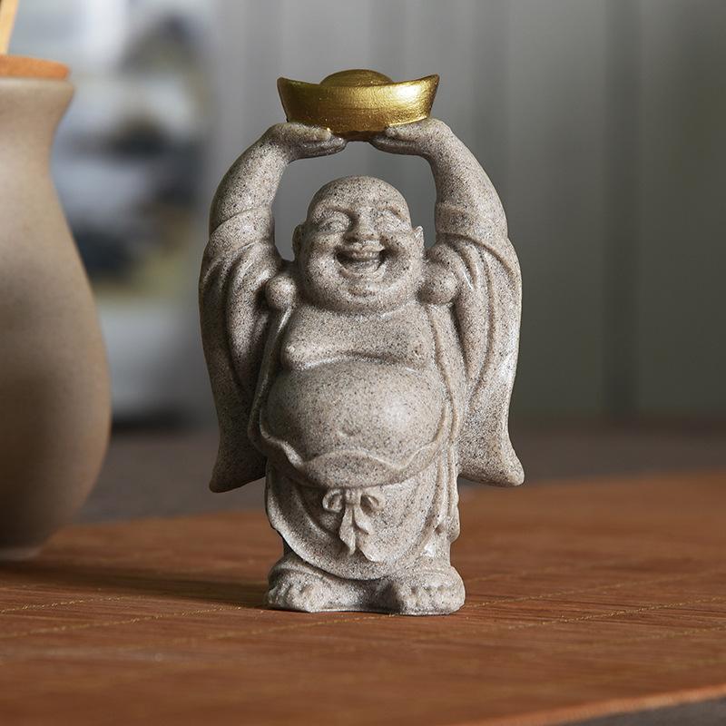 Sandstone & Handmade Resin Craft Statue, Chinese Style Smiling Buddha & Maitreya Buddha, Gold-Painted Creative Gift Decoration