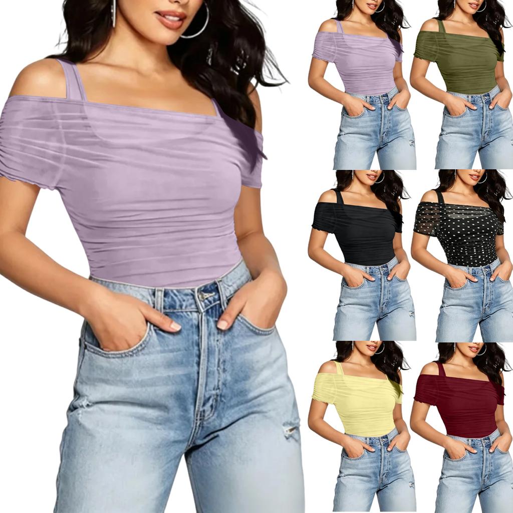 Womens Spring Tops Off Shoulder Ruched Design Summer Shirts for Women Casual Short Sleeve Tshirts Shirts for Women