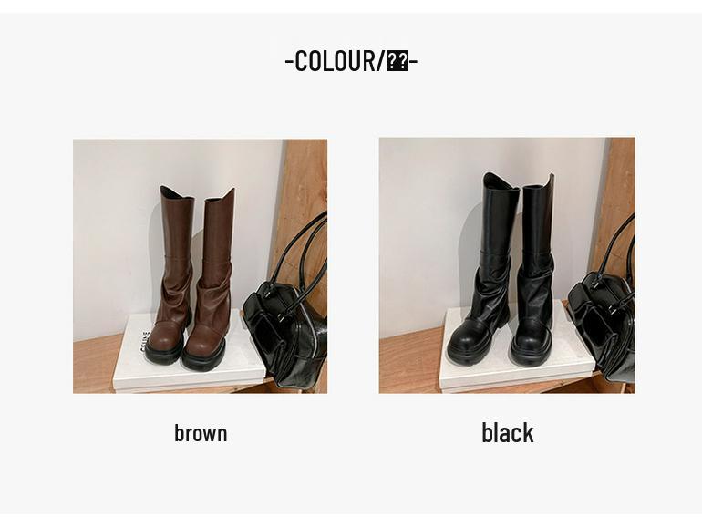 Women's Soft Leather Knee-High Ruched Boots with Thick Sole - 2024 Autumn/Winter