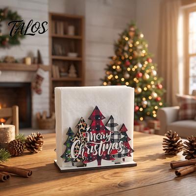 Festive Home Tableware Wooden Christmas Tree Napkin Holder, Freestanding Tissue Dispenser with Star And Snowflake Decor, Decorative Paper Towel Holder