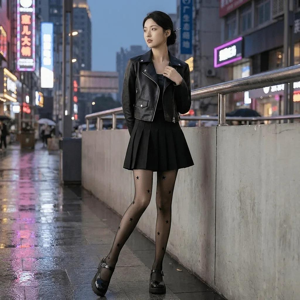 Starry Sky Five Pointed Star Printed Black Silk Pantyhose Pure Desire To Penetrate The Skin, Appear Slim And Beautiful Legs