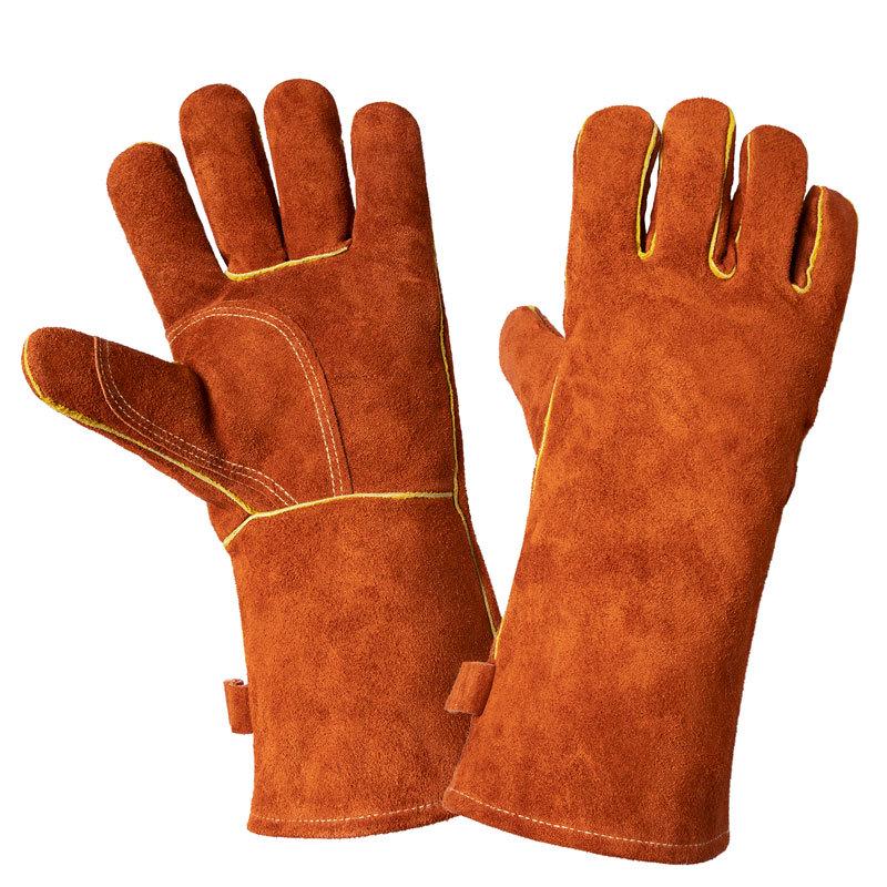 High-Temperature Heat-Resistant Cowhide BBQ Gloves with Fireproof Aluminum Foil Lining, Protects Against Heat up to 500℃.