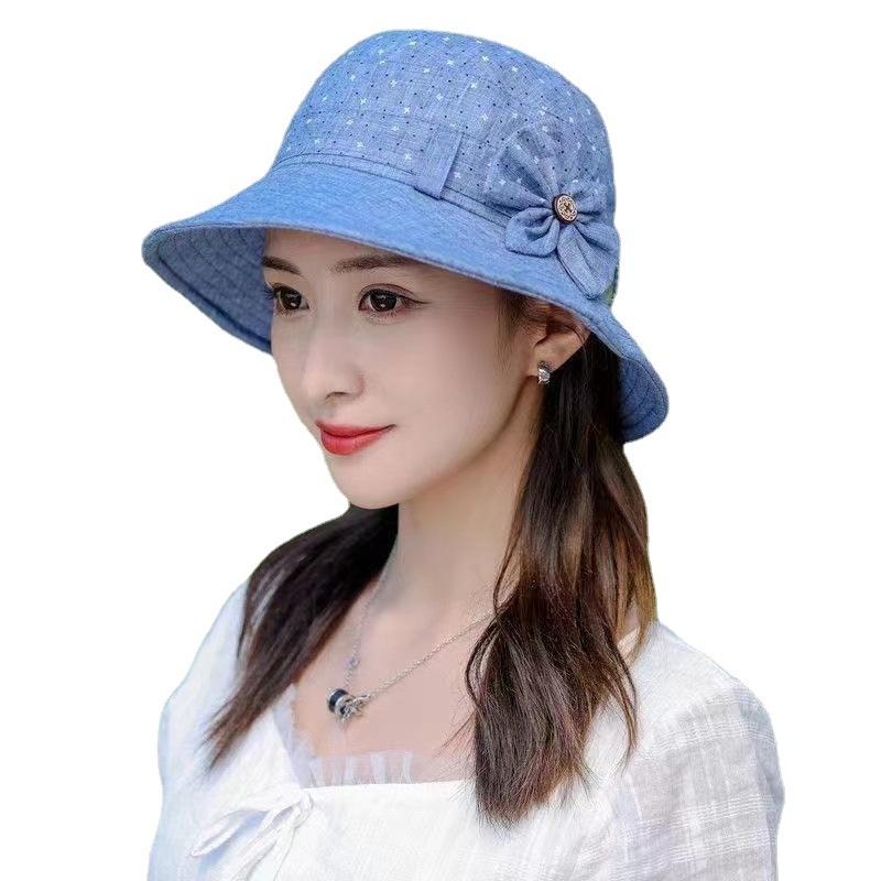 Spring And Summer Hat Women'S Basin Hat Button Bow Bucket Hat Mother Hat Versatile Big Brim Sun Hat