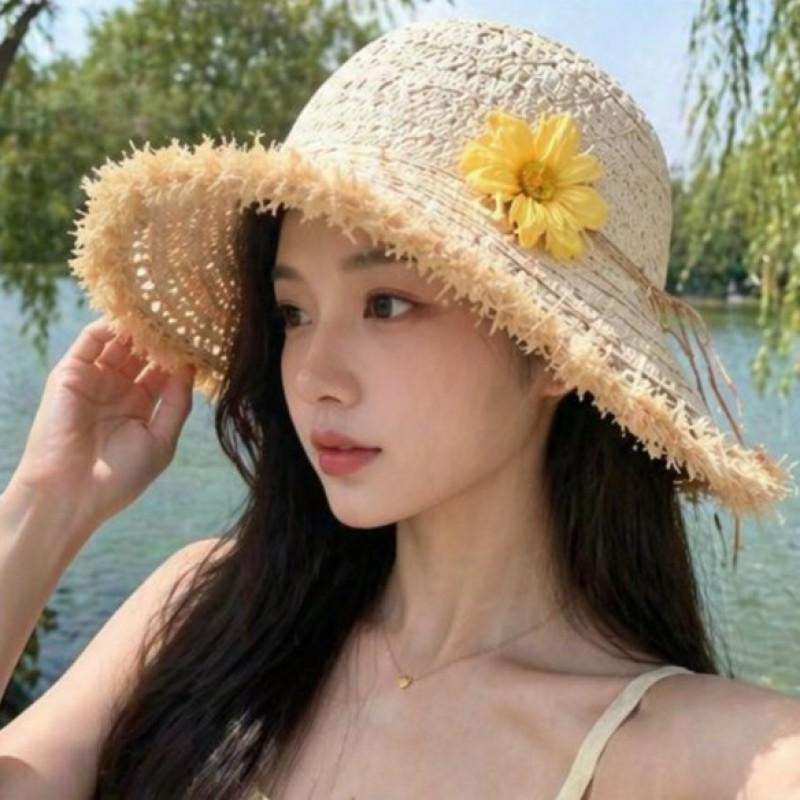 Wide Brim Straw Hat Women Sun Protection Floral Decorated Beach Vacation